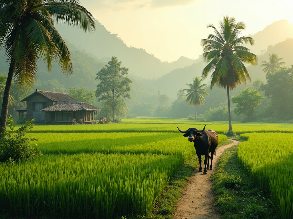Làng quê đồng lúa, trâu