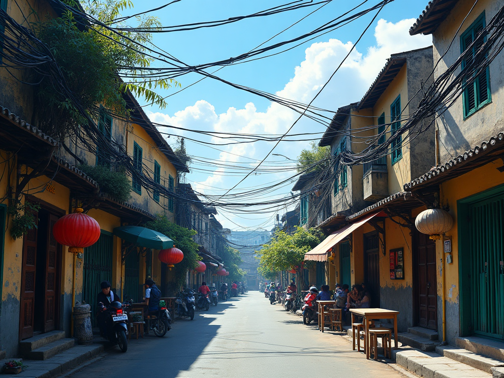 IMG-040 | Phố cũ Việt Nam với dây điện chằng chịt, trời xanh