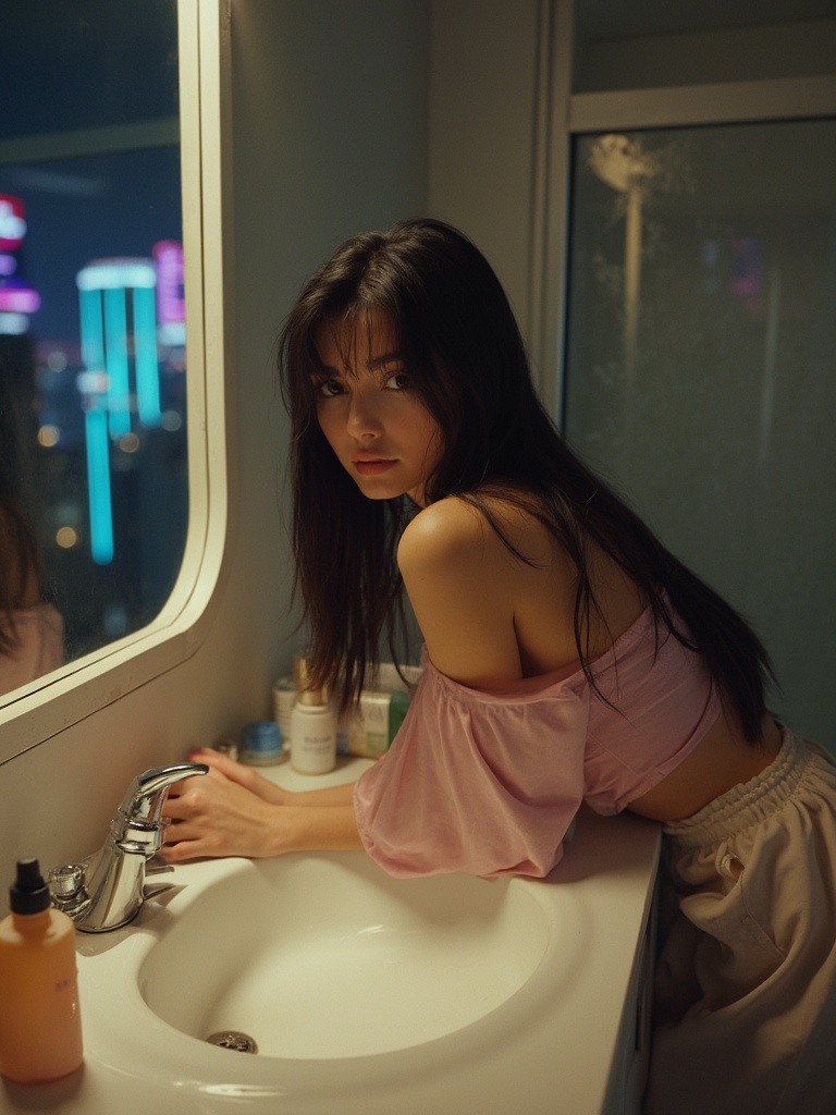 Cô gái phòng tắm tối — flux-realism