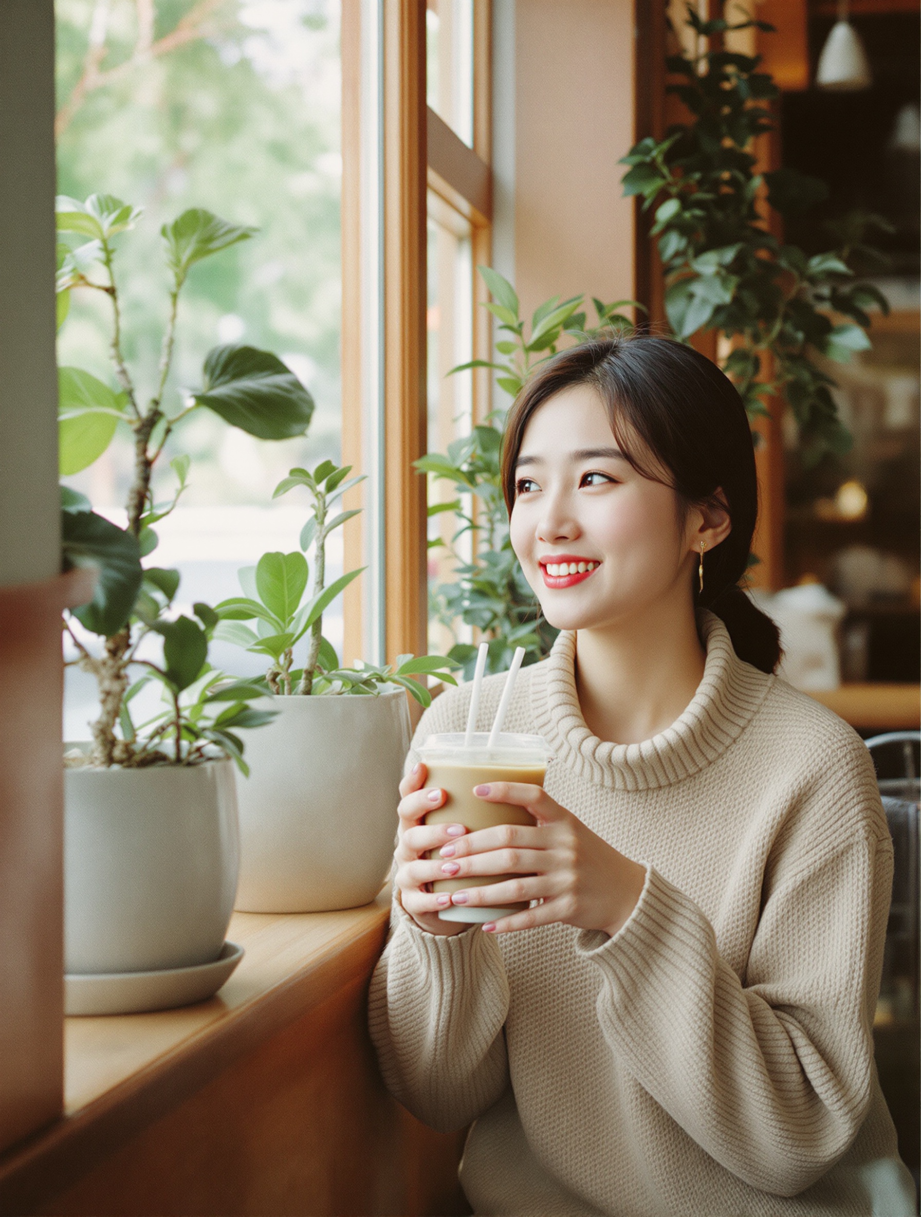 IMG-026 | Cô gái cầm trà sữa bên cửa sổ quán cà phê
