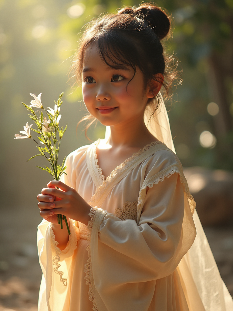 IMG-027 | Bé gái mặc áo dài cầm hoa, nắng ngược