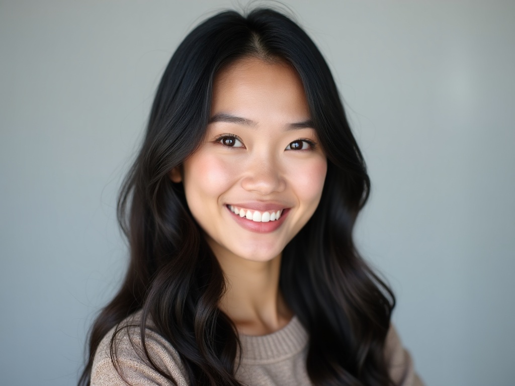 IMG-028 | Cô gái tóc dài mỉm cười, nền xám studio