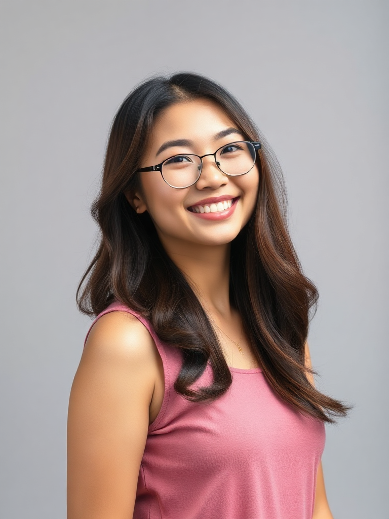 IMG-029 | Cô gái đeo kính, áo hồng, nền xám