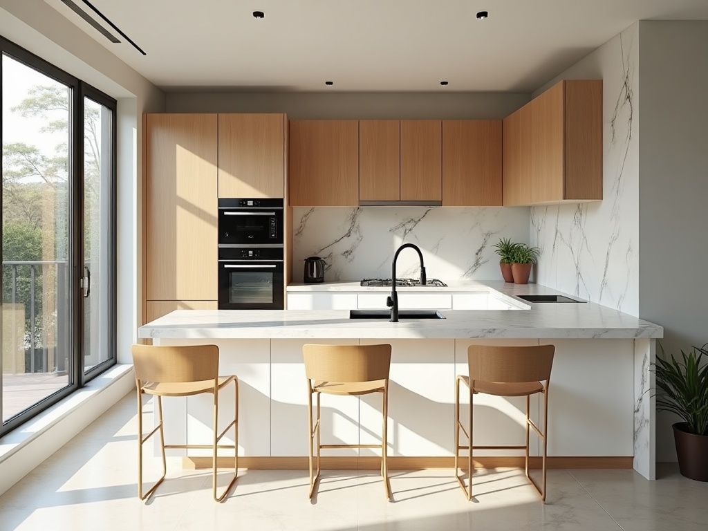 IMG-048 | Bếp hiện đại sáng sủa với đá cẩm thạch và gỗ