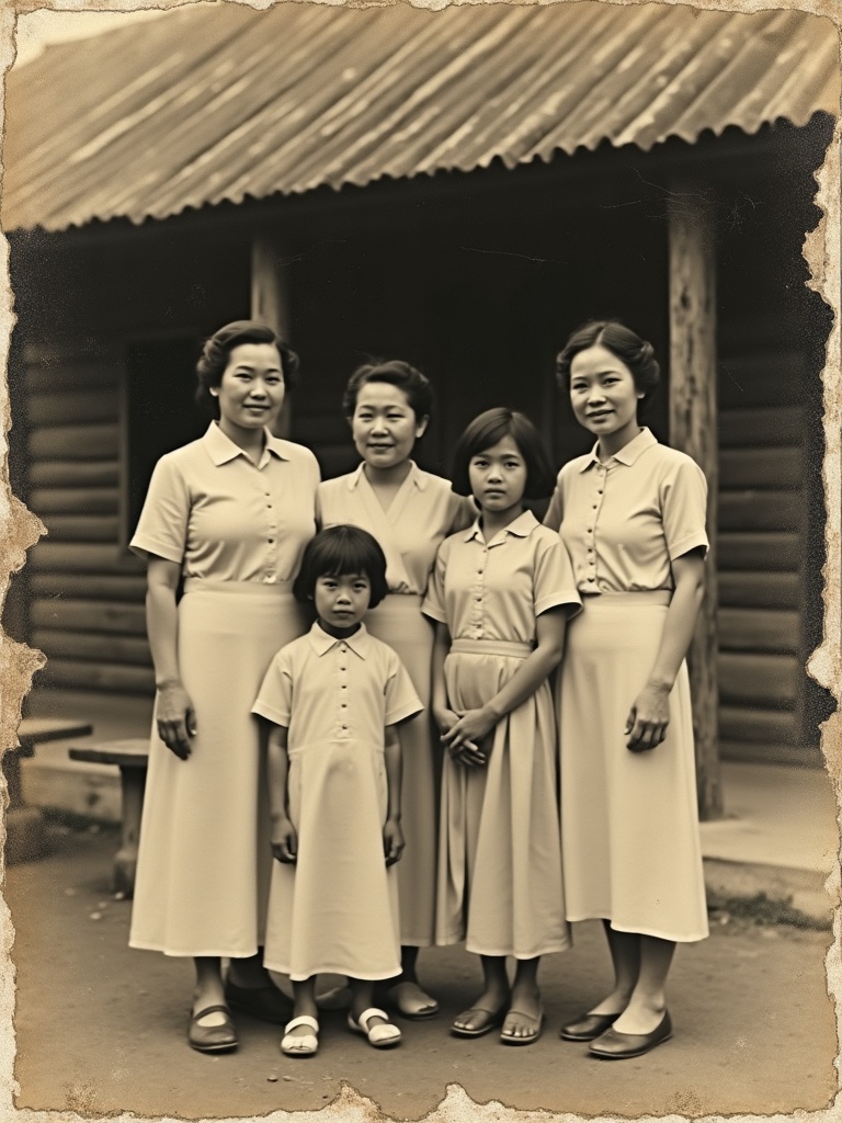 IMG-055 | Ảnh nhóm phụ nữ xưa trước nhà gỗ, bản sepia cũ
