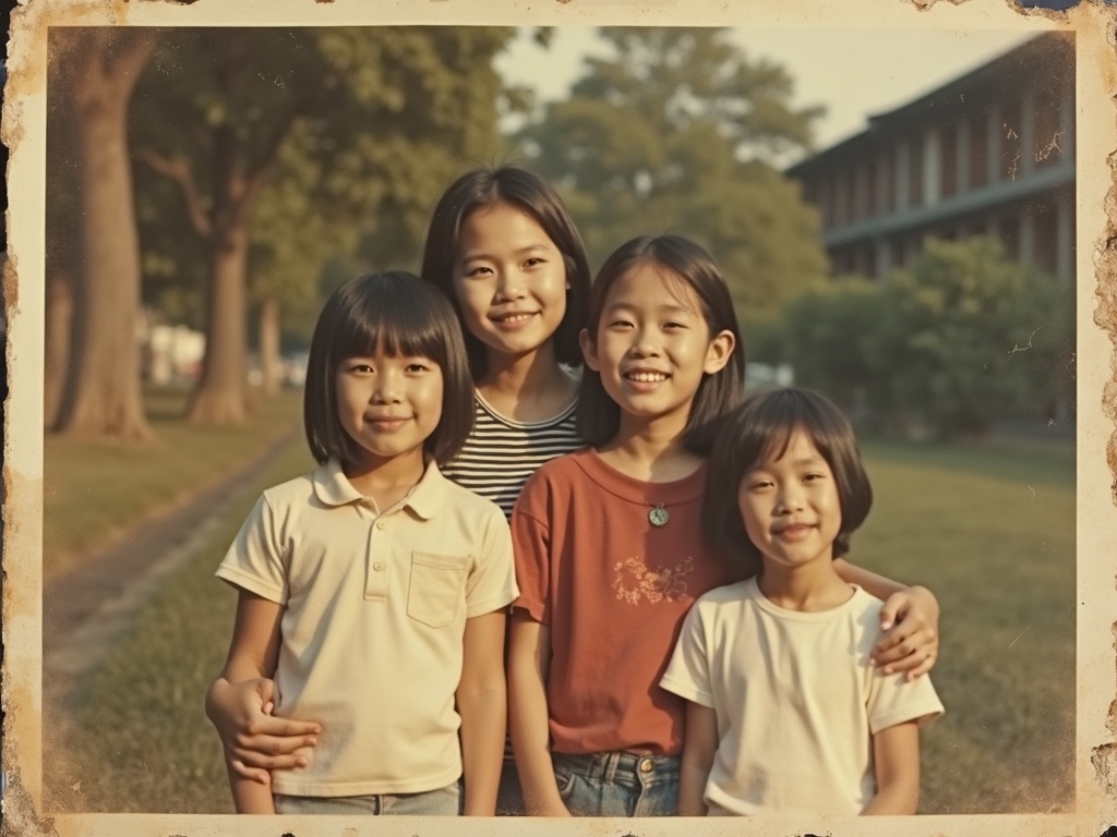 IMG-056 | Ảnh Polaroid cũ bốn đứa trẻ, viền ố vàng