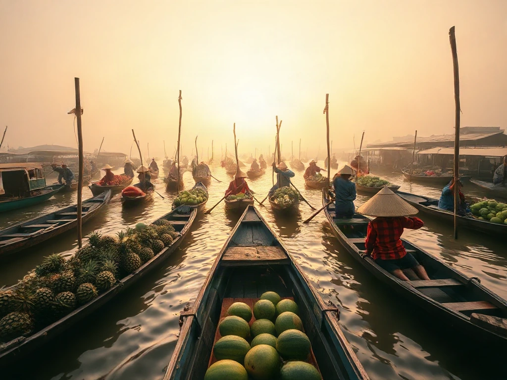 Chợ nổi miền Tây — lưới dấu phủ kín khung (đã gỡ watermark) — sau khi xử lý bằng AI