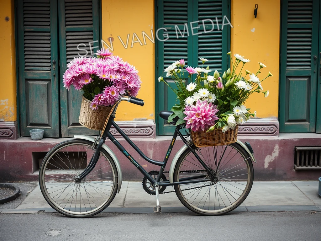 Gánh hoa xe đạp phố cổ — chữ chéo lớn giữa ảnh (đã gỡ watermark) — trước khi xử lý bằng AI